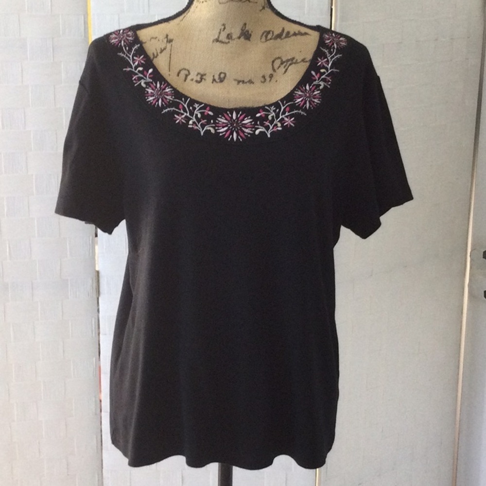 Karen Scott Embroidered Scoop Neck Black Women's Top Floral Detail